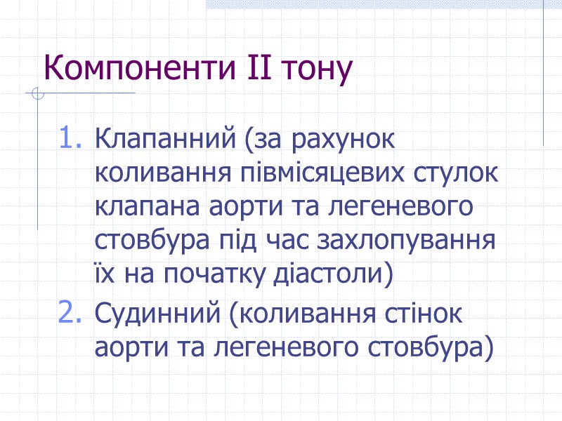 Компоненти ІІ тону Клапанний (за рахунок коливання півмісяцевих стулок клапана аорти та легеневого стовбура